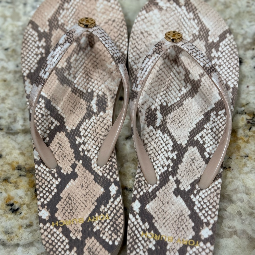 Tory Burch Snake Print Flip Flops - Brown